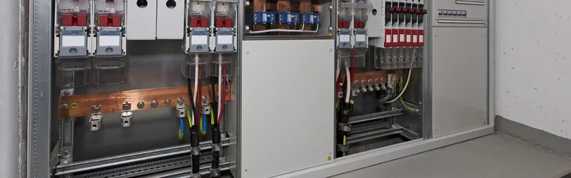 Geöffnete Elektroverteilung mit Zählern und Schutzschaltern