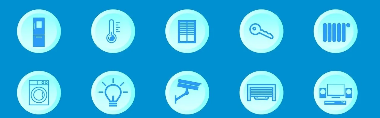 Symbole für Licht, Storen, Heizung, Sicherheit und Haushaltsgeräte der Gebäudeautomation